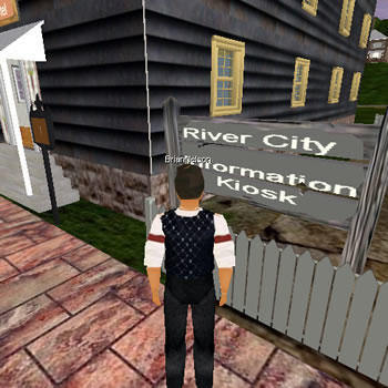 Kiosks in River City provide places where people can post news items and see maps of the city.