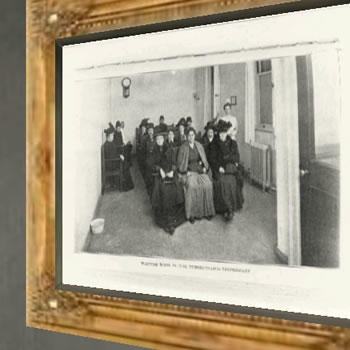 One of many historical photographs inside the hospital is a crowded waiting room full of patients waiting to be seen by a doctor.